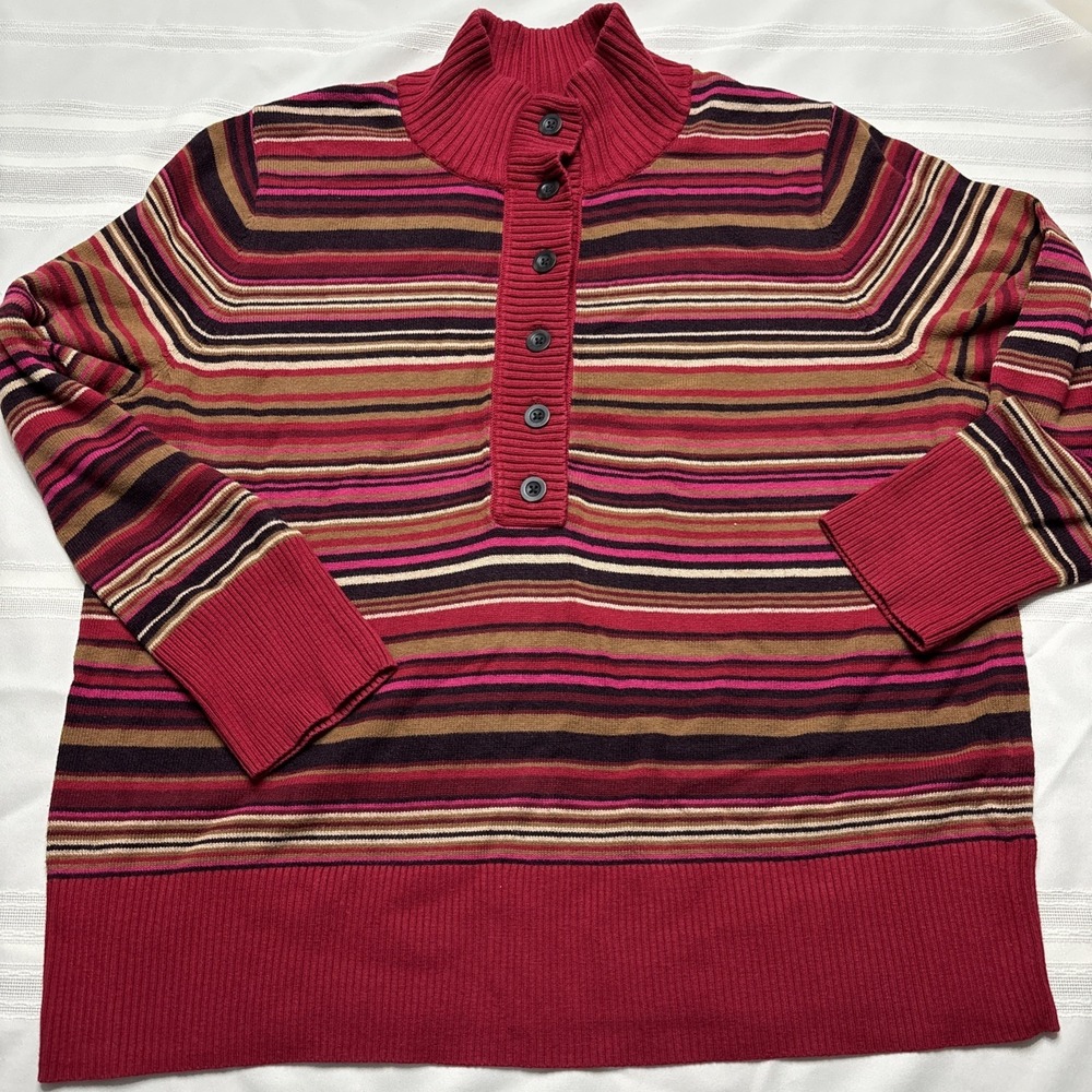 Eddie Bauer Women's Red Y2K Button Popover Striped‎ Ribbed Sweater 2xl